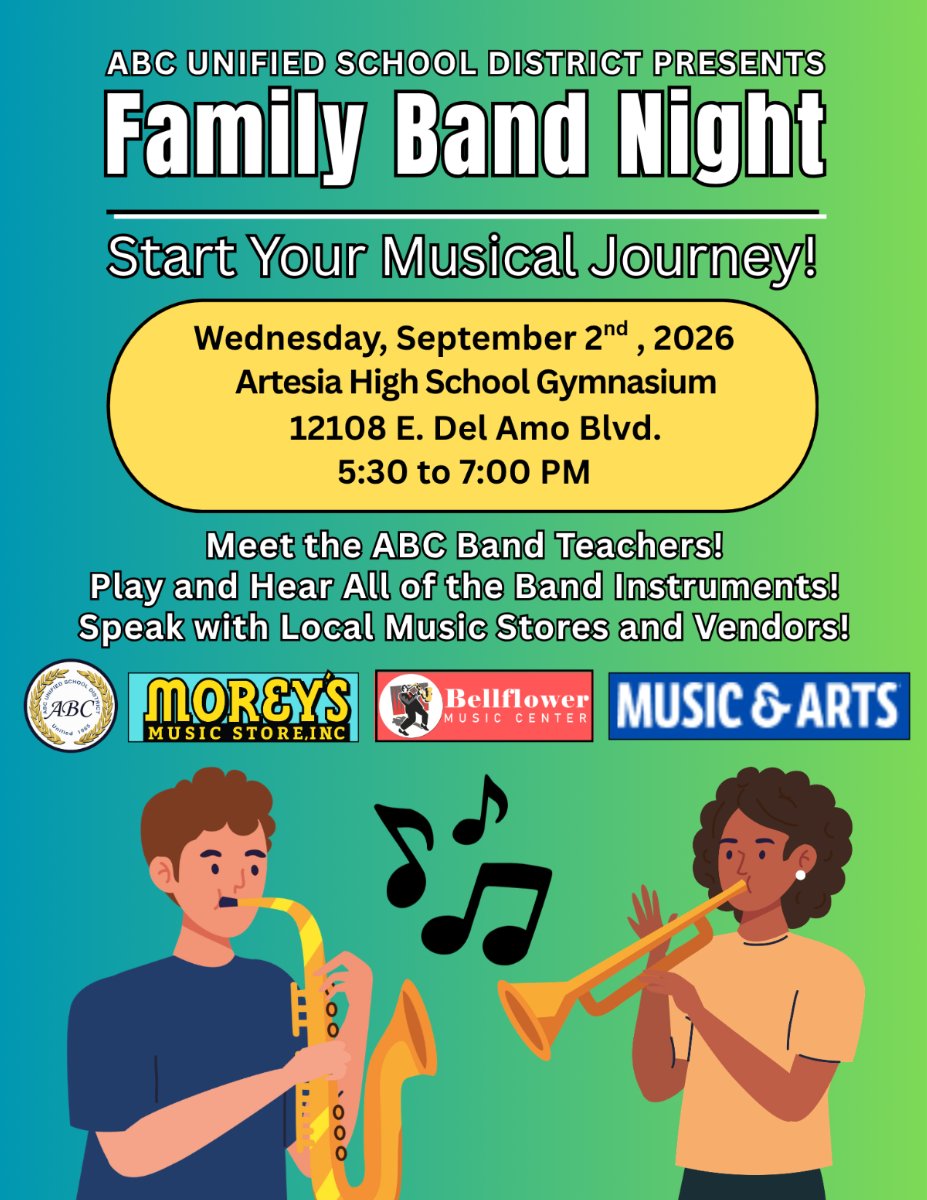 Flier for family band night 9/2 5:30-7:00 at Artesia High School